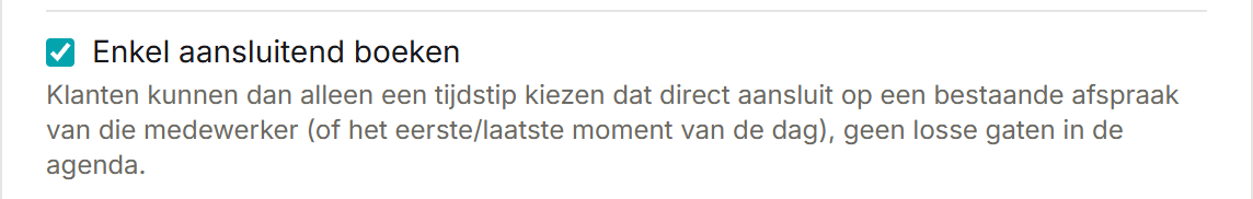 Het onderdeel Boekingsregels op de pagina Boekingspagina met de optie Enkel aansluitend boeken