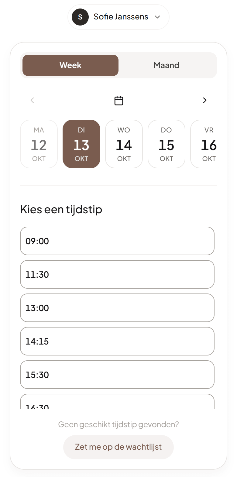De tijdkeuze op de boekingspagina met enkel tijdstippen die aansluiten op bestaande afspraken