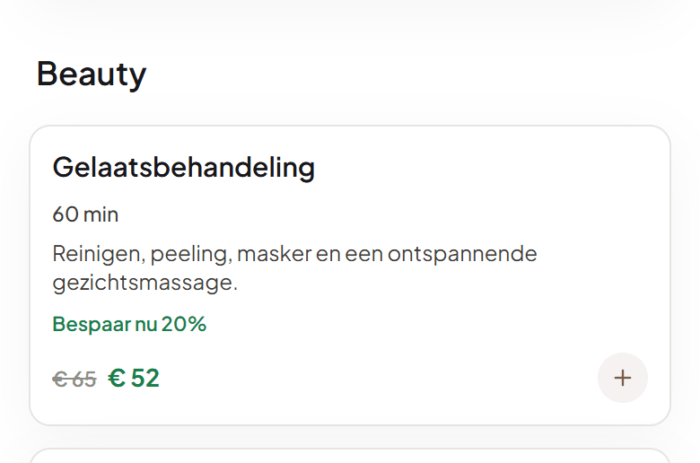 Een behandeling op de boekingspagina met de tekst Bespaar nu en een doorstreepte oude prijs
