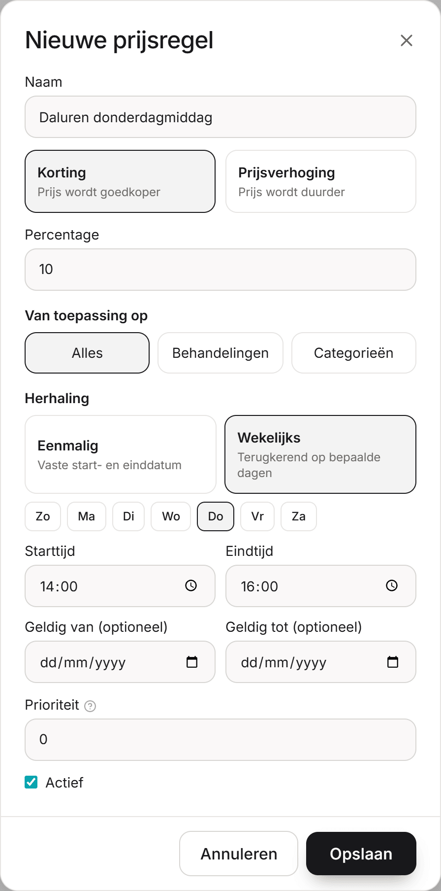 Het venster Nieuwe prijsregel met naam, korting of prijsverhoging, percentage, bereik en herhaling